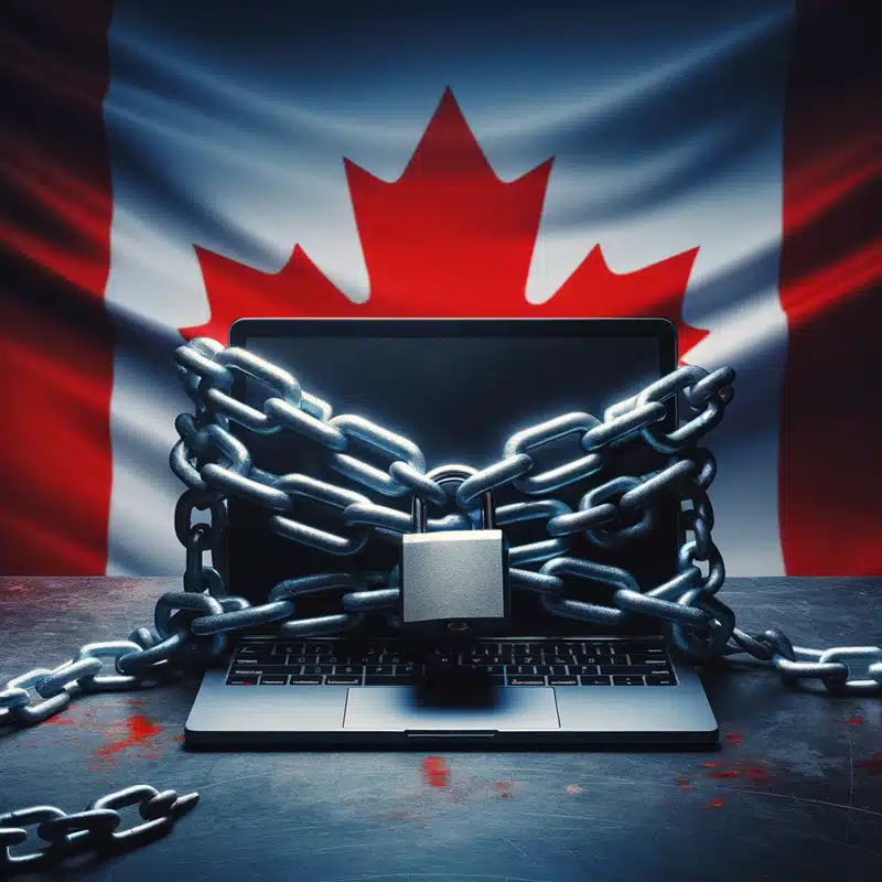 a laptop with chains around it with a canadian flag in the background