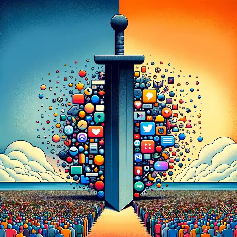 image of a giant sword in the middle of the road with icons of social media and other things on each side