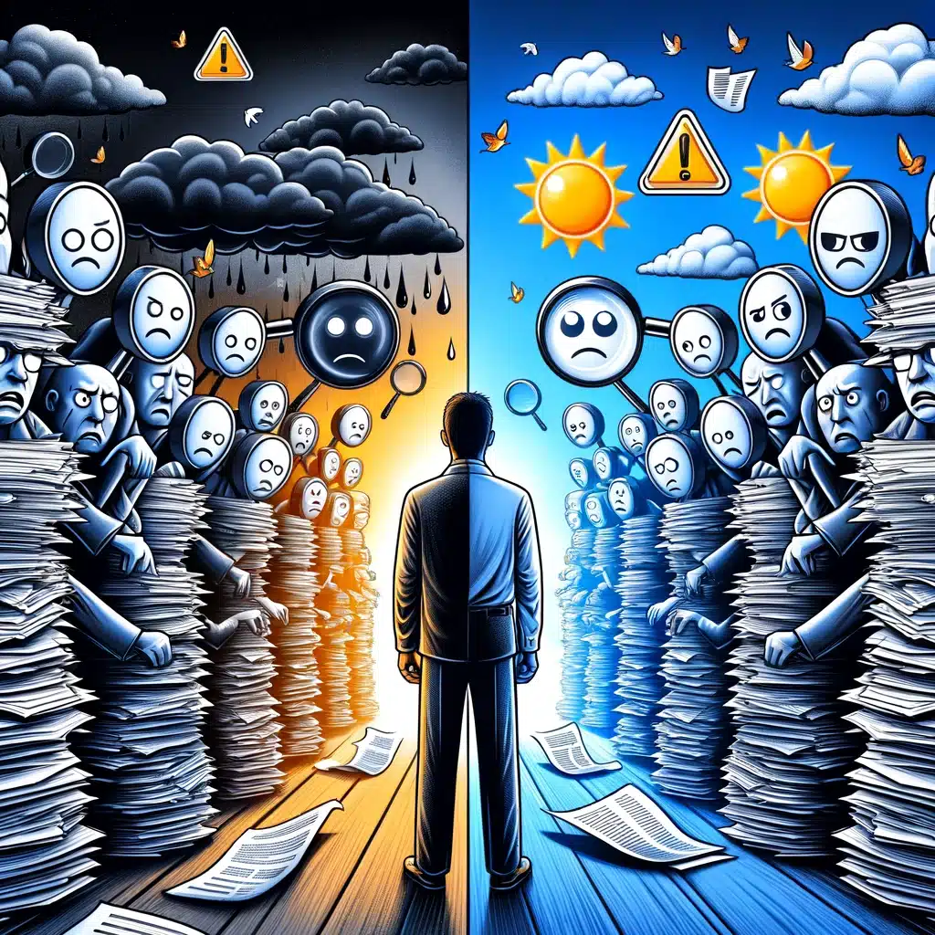 illustration of a man bein confronted by stacks of angry content